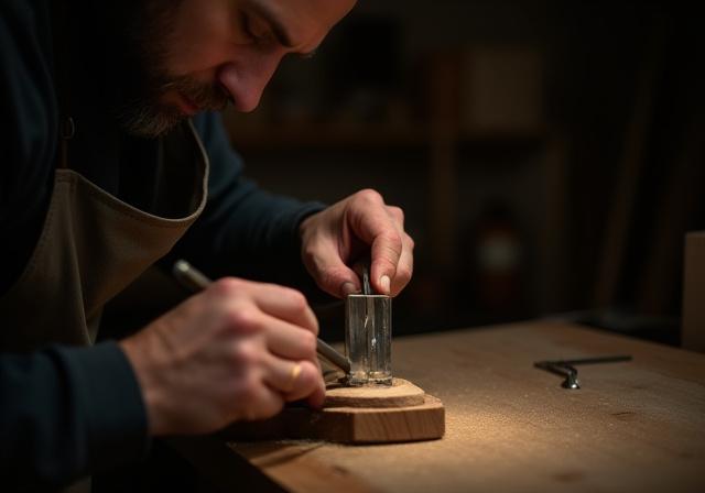 Håndverker pusser et møbel i et verksted, fokus på detaljer